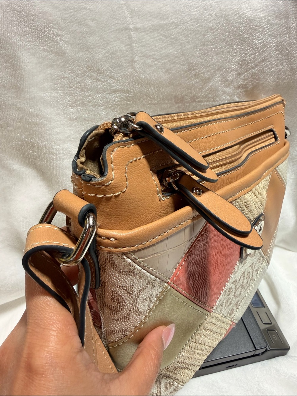 Gianni Bini Patchwork Crossbody in Peach, Cream & Tan - Picture 8 of 12